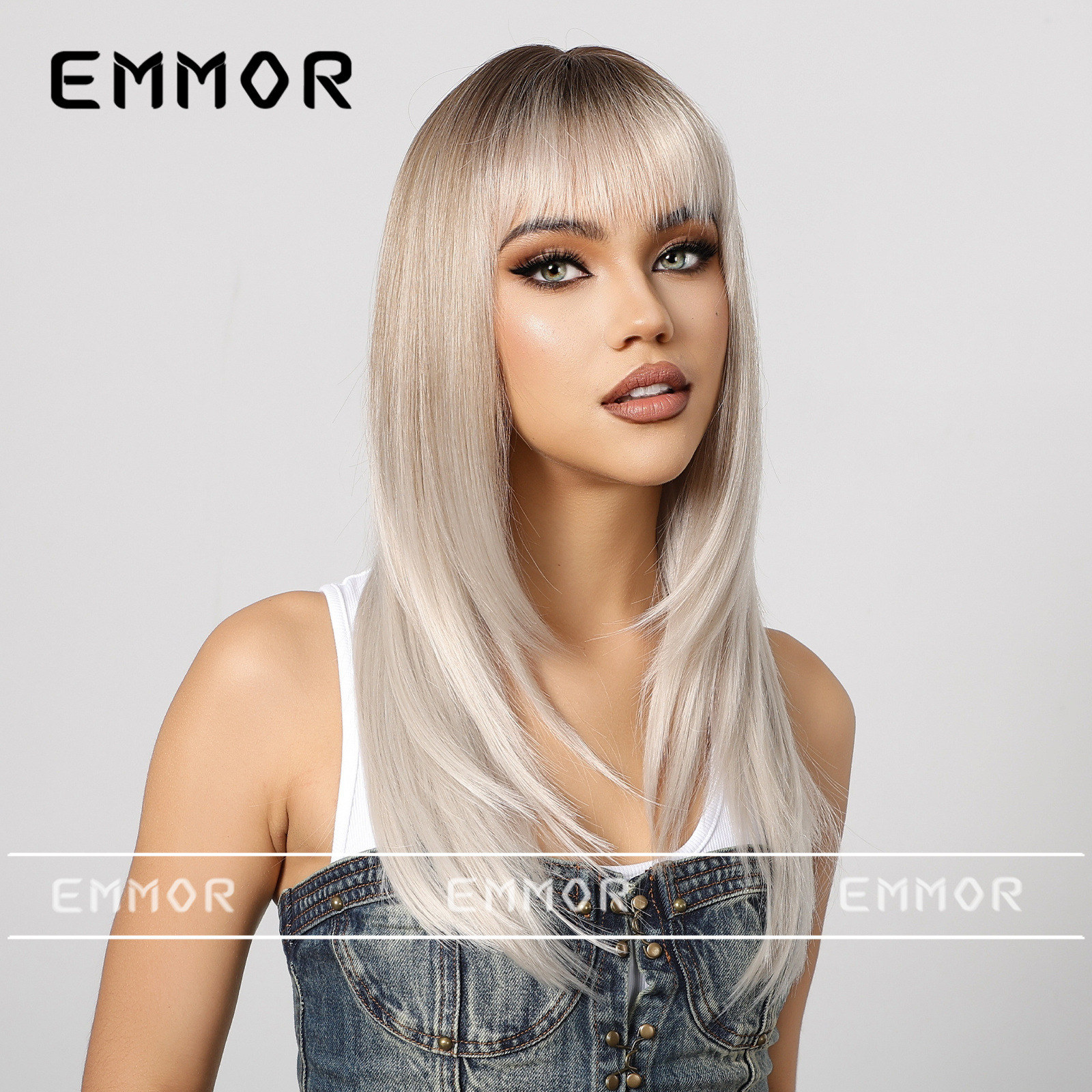 Estilo europeo y americano, flequillo completo, cabello largo y liso, mate de alto nivel, reducción natural de la edad, corte facial, peluca