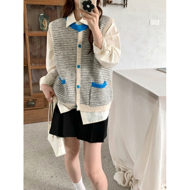 简约学院风撞色口袋线条感女士温柔马甲背心常规版宽松针织毛衣|undefined