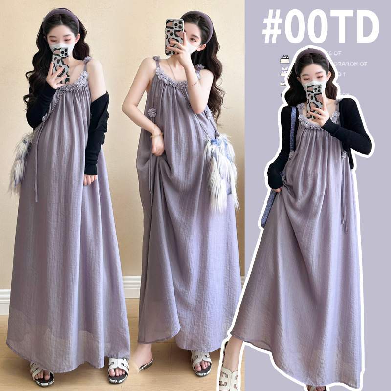 2026 New Summer Maternity Wear Korean Style Chiffon Maternity Suspender Dress + Small Cardigan Two-Piece Maternity Set
