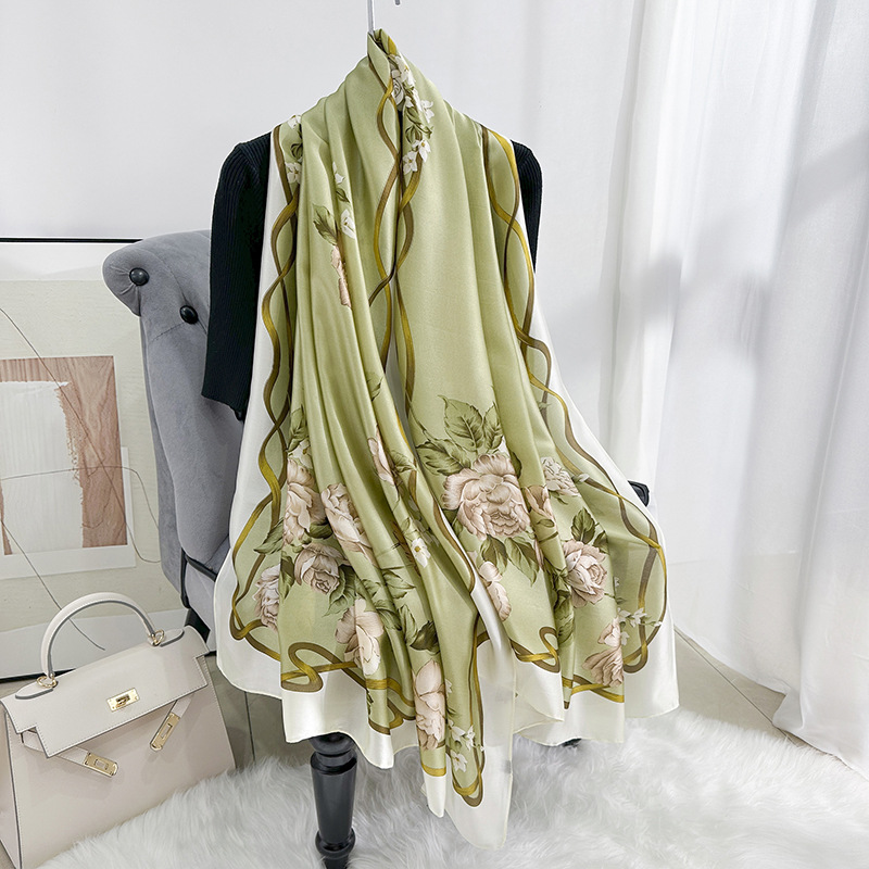Bufanda de Satén con Estampado Floral Vintage de Poliéster Térmica Protección Solar para Verano