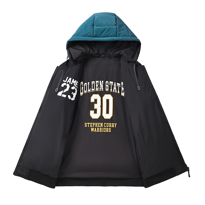 Wattierte Herrenjacke mit Stickerei, Daunenfüllung, dicker Baumwolle, kontrastfarbenem Futter, lockerer, abnehmbarer Mütze und doppelseitiger Kapuze_voghion.com