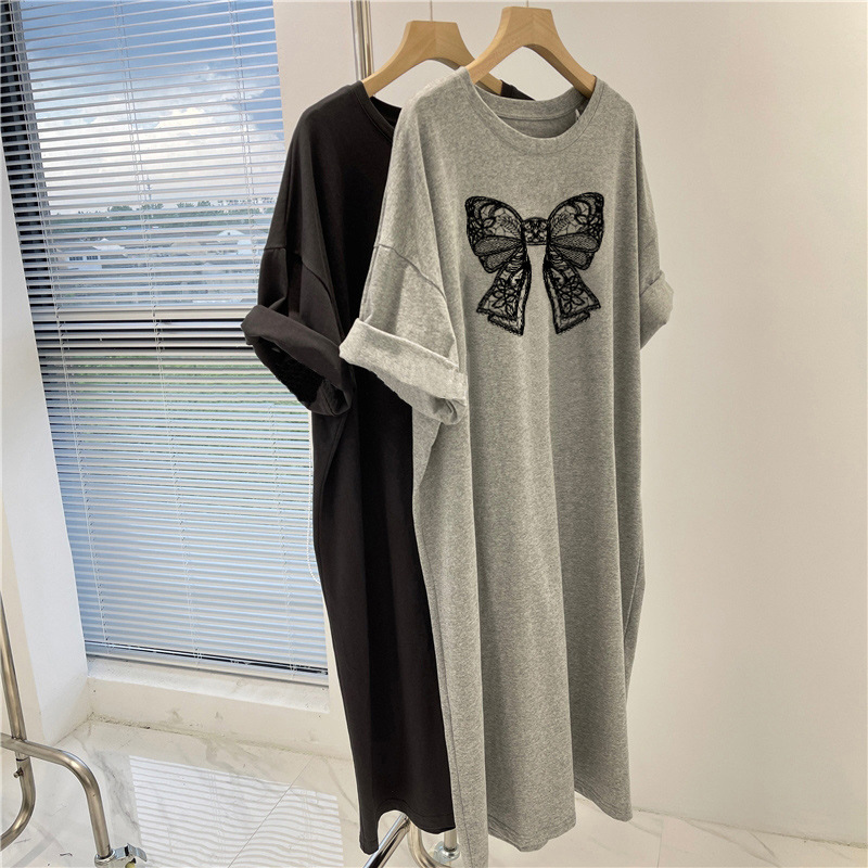 2024 New Summer Short-sleeved T-shirt Dress Korean Loose Over-the-Knee Long Dress Instagram Fashion dress Women's Mid-length Summer
