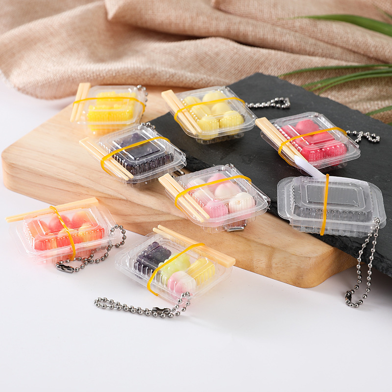 Simulated Fast Food Box with Chopsticks, Bead Chain Pendant, Creative Grape, Yellow Peach, Corn, Fruit Salad Lunch Box Keychain