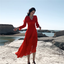 V領沙灘裙海邊度假仙雪紡荷葉邊波西米亞長裙紅色連衣裙XW516