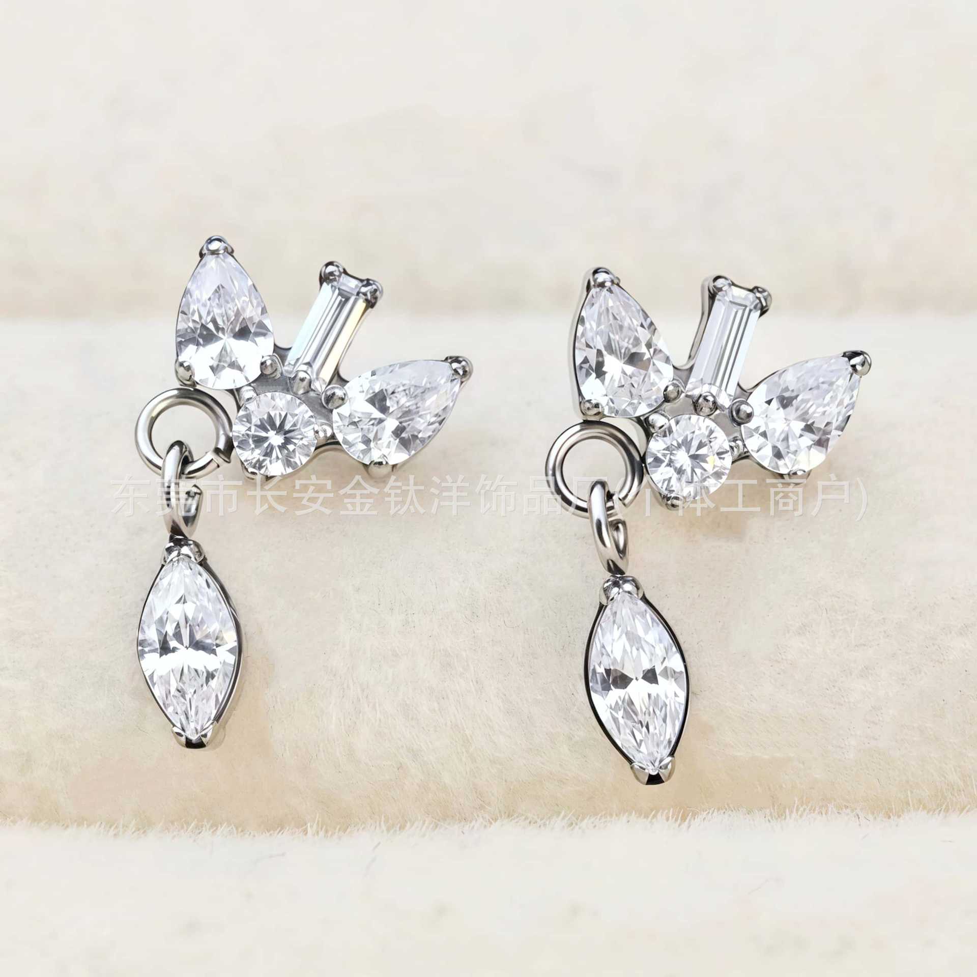 F136 Titanium Irregular Square Zircon Water Drop Pendant Ear Bone Studs - G23 Titanium Alloy Body Piercing Jewelry detail image 7