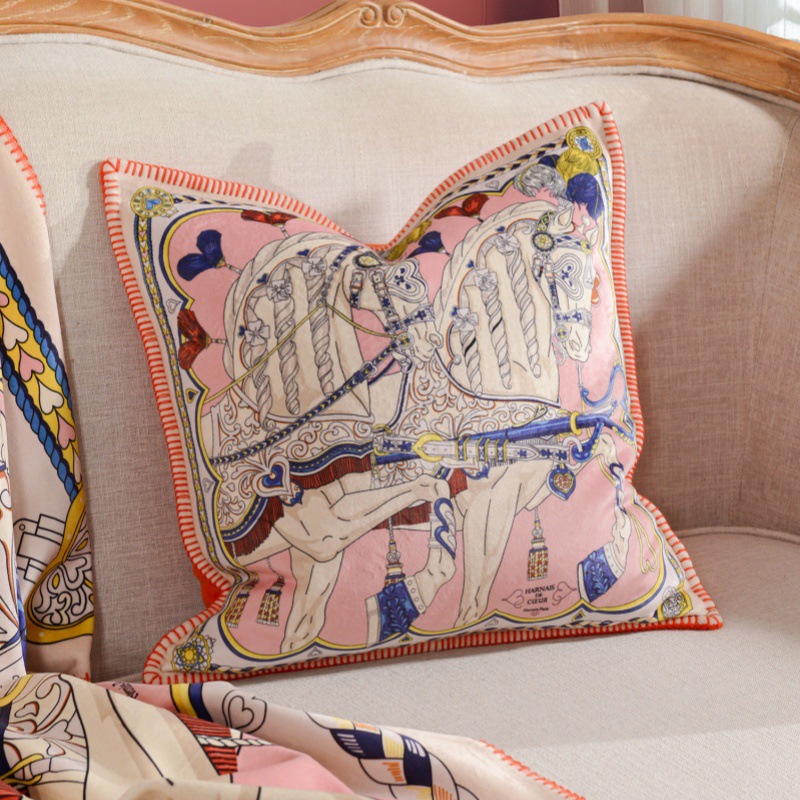 High-end fashion brocade fox velvet printed pillow soft living room sofa light luxury right angle lock edge decoration square pillow cushion