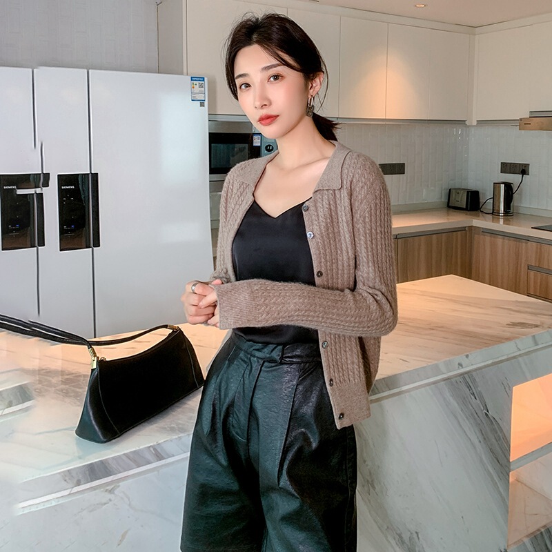 Spring and Autumn New Cashmere Sweater Women's POLO Collar Knitted Cardigan Twist Outerwear Elegant Jacket All-match Sweater Large Size Trendy