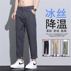 アイスシルクカジュアルパンツメンズストレッチ夏薄いストレートパンツメンズパンツ夏速乾性メンズパンツ英国パンツ