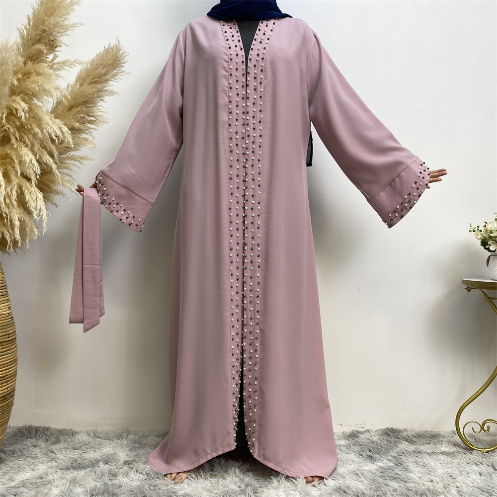 Arab Turkish Middle Eastern Fashion Elegant Solid Color Beaded Muslim Tie-Up Cardigan Robe 1838_ecoleips.com