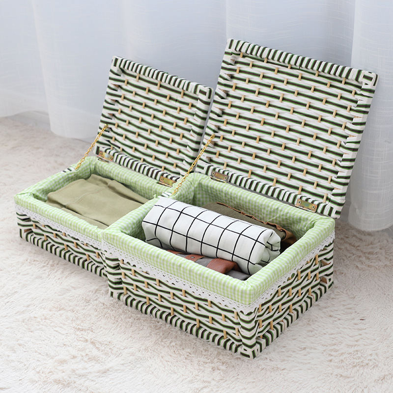 Cesta de almacenamiento de caña personalizada transfronteriza tejida a mano cubierta caja de almacenamiento de juguetes libros de escritorio cesta de almacenamiento