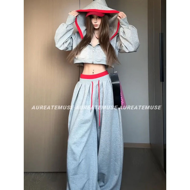 美式辣妹风高级卫衣连帽睡衣女早秋新款松弛感拼接休闲家居服套装|undefined