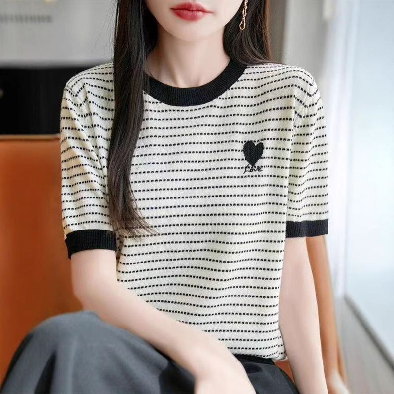 Wholesale 2025 Summer New Ice Silk Heart Round Neck Knitwear Short-Sleeved Color-Blocked Stripesd Embroidered Bottoming Vest