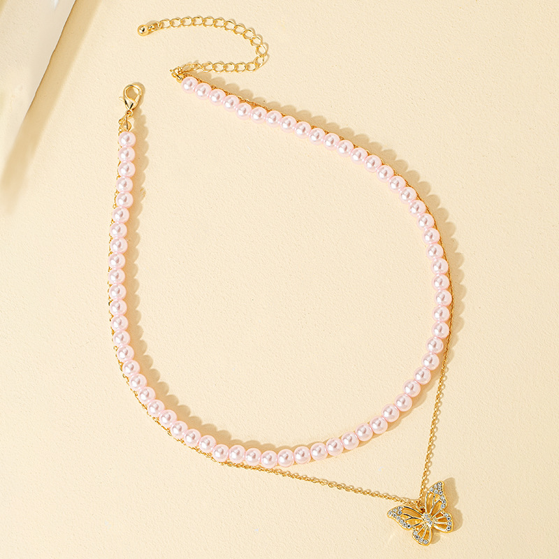 Fashion Diamond Butterfly Pendent Multi-layer Cute Pink Pearl Clavicle Chain Female display picture 4