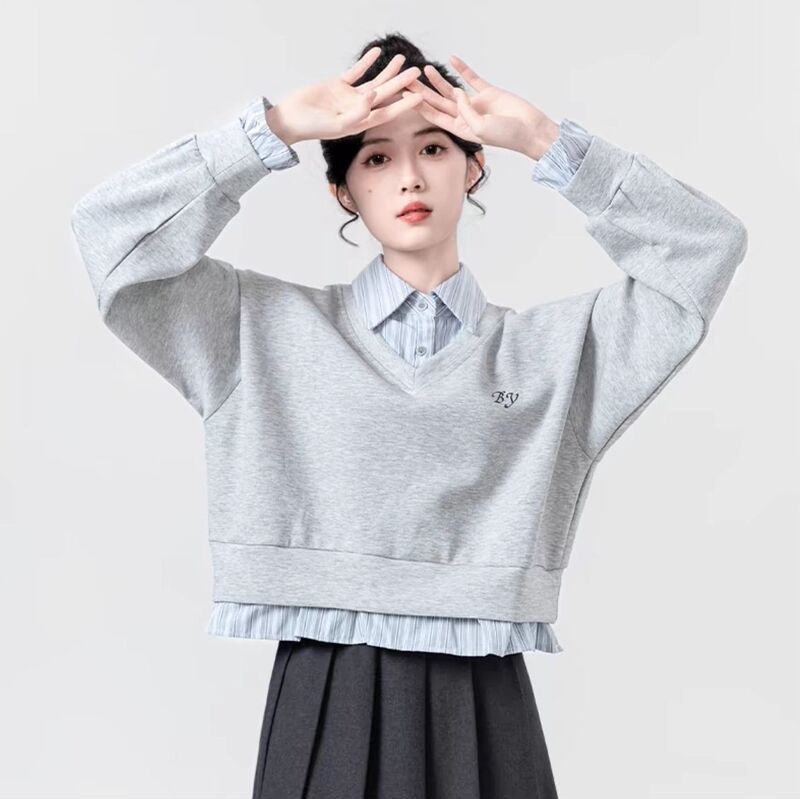 Gray Fake Two-Piece Sweatshirt for Women Spring & Fall 2025 New Design Splicing Shirt Polo Collar Pullover Short Top