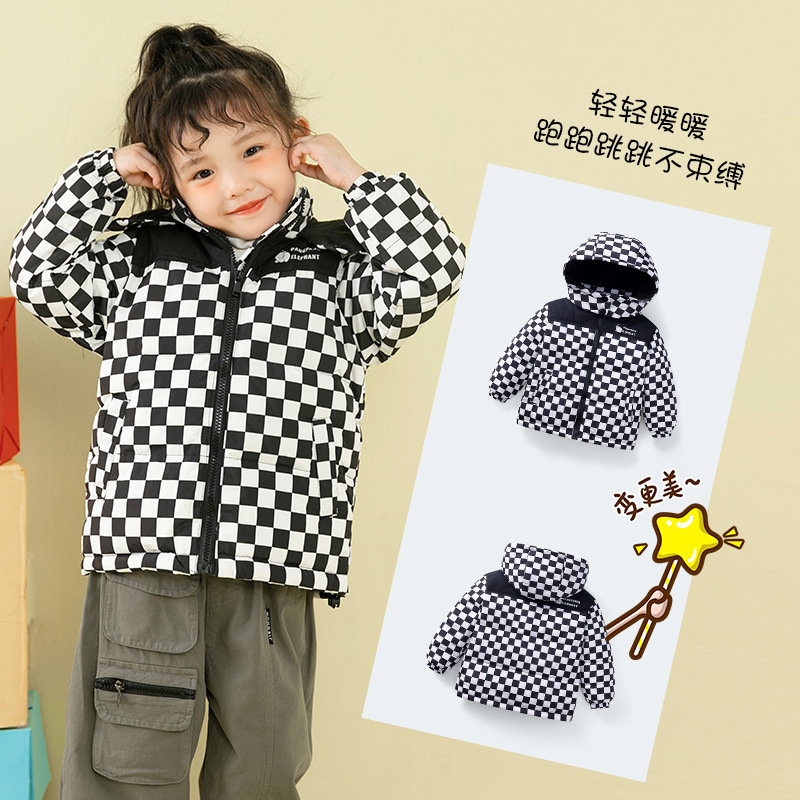 Nueva Colección Otoño/Invierno 2025, Ropa para Niños y Niñas, Chaqueta Acolchada con Capucha, Estampado de Bloques de Color y Cuadros