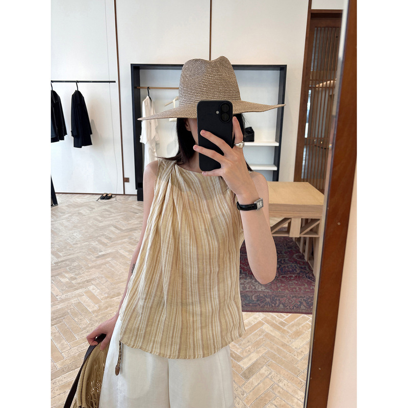 Han Xun Retro Style Striped Linen Sleeveless Loose Warm-Toned Artistic Blouse for Women 2026 Summer New Model 26877
