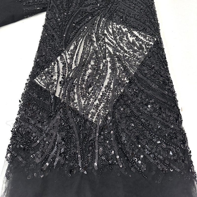 Tela de vestido de boda de alta gama, tubo de perlas bordado, bordado de sequilla, tela de moda de encaje de rendimiento