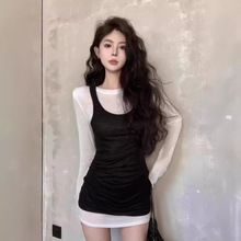 性感纯欲微透垫肩长袖T恤女秋季2024新款中长款灰色修身时尚上衣