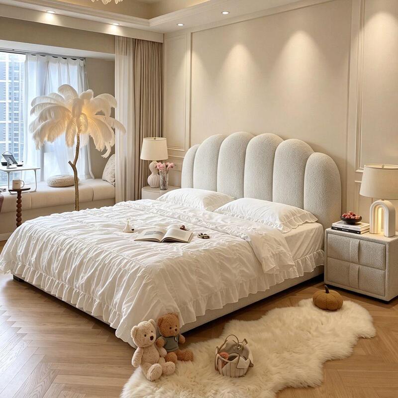 Cream-Colored Minimalist Thumb Puff Bed with Milk Velvet Fabric for Apartment Master Bedroom, Home Use, Double Storage Bed, Wedding Bed Cream-Colored Minimalist Thumb Puff Bed with Milk Velvet Fabric for Apartment Master Bedroom, Home Use, Double Storage Bed, Wedding Bed