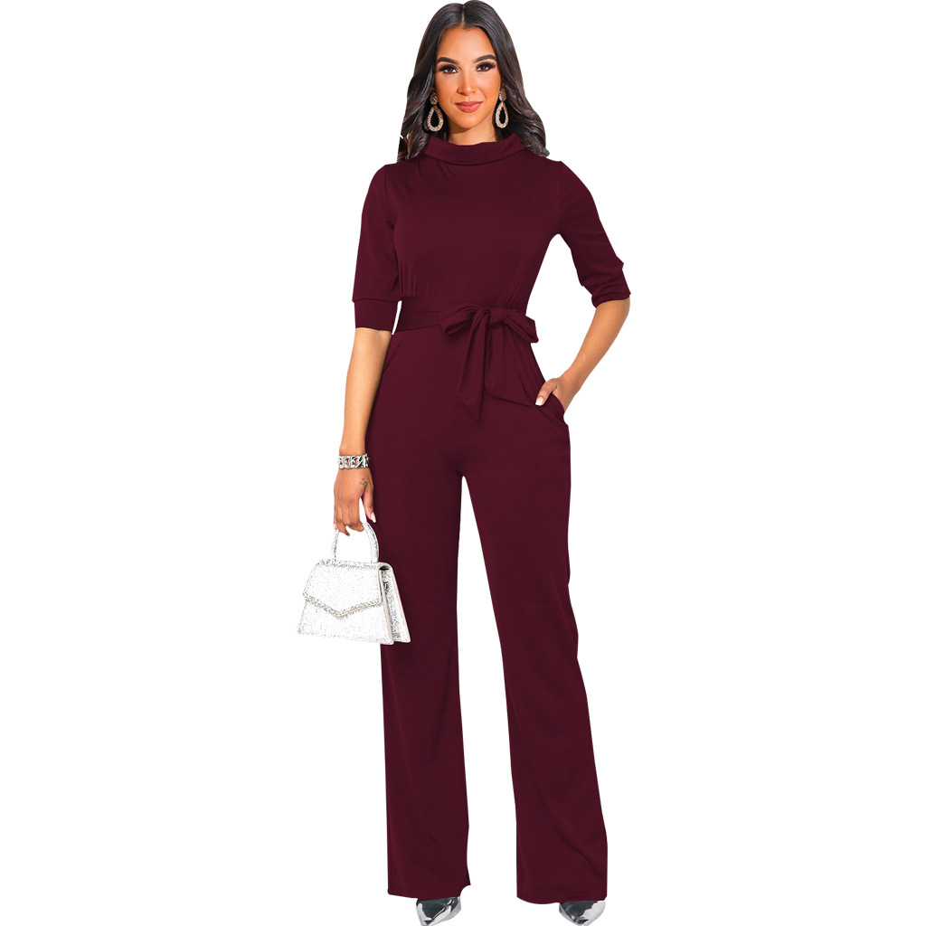 Solid Color Waist Lace Up Jumpsuit NSMRF116725