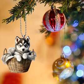 2D小礼物哈士奇小狗2D饰品创意篮子挂饰汽车后视镜挂件圣诞树装饰