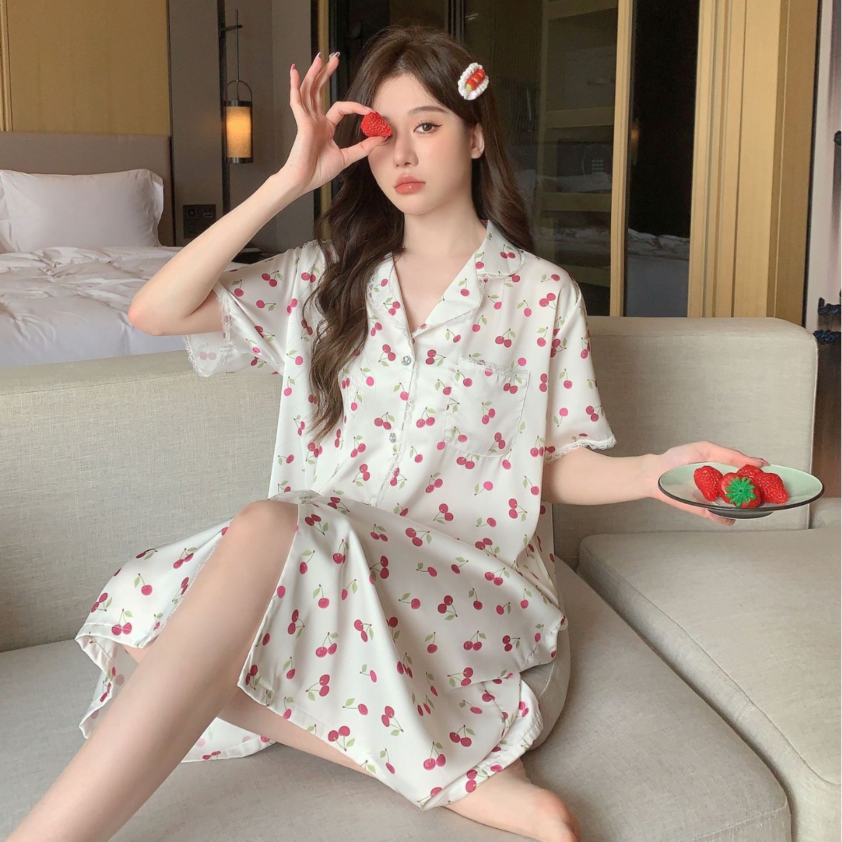 (2개) 모넬 아이스 실크 잠옷 결합 된 짧은 소매 나이트 드레스 자카드 레오파드 파자마 섹시한 셔츠 홈웨어 공장 상점