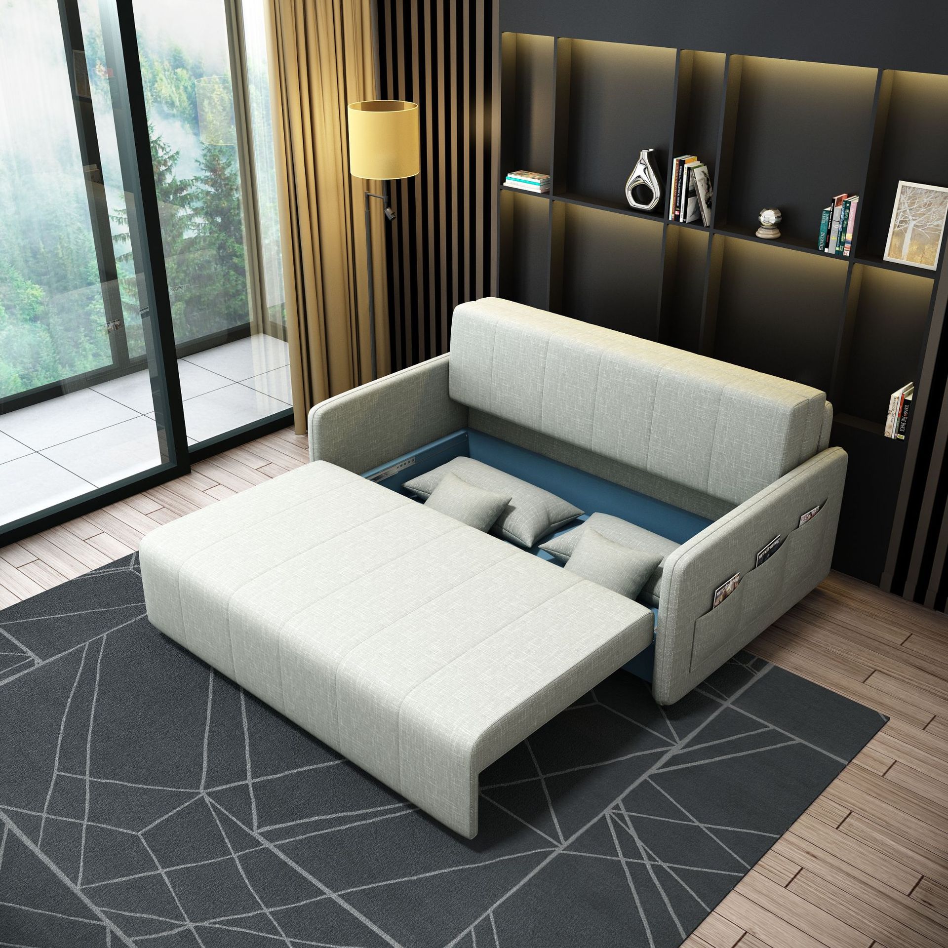 Almacenamiento plegable sofá cama multifuncional tela doble uso pequeño sofá de doble persona blanco simple inswind