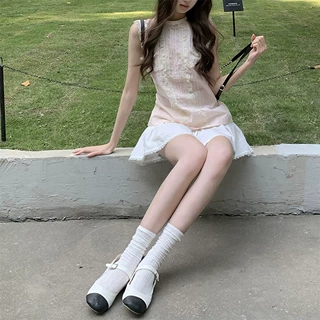 现货 【jojo私服线】淡粉色无袖衬衫女中古小香风蕾丝边背心上衣