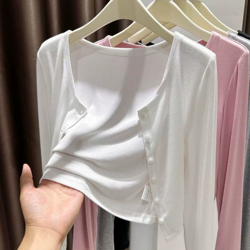 Летний вязаный солнцезащитный кардиган с круглым вырезом для женщин с белой шалью и юбкой на подтяжках, высококачественная тонкая блузка с кондиционером.