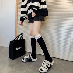 Women's Double Leggings with Ribbed Collar, Color-blocked Women's Ins Trendy Outerwear, Celebrity-style Korean Street Fashion, Pile Cotton Socks