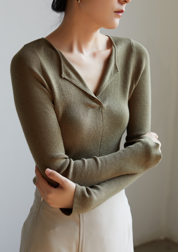 SS STUDIO フレンチスタイルのゆったりとした襟付きカシミヤVネックニットセーター レディース 秋冬用インナーウェア