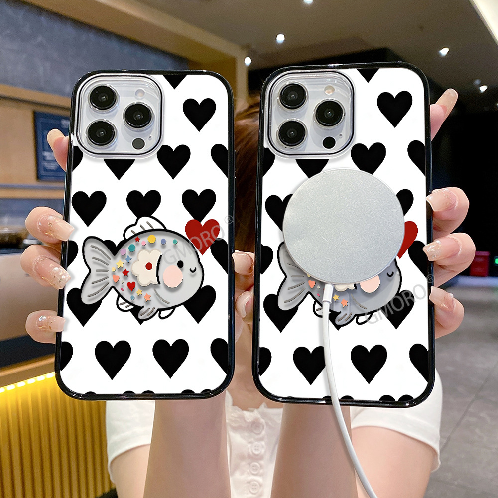 爱心小鱼iP16PM苹果15透明黑边手机壳17promax新AIR可爱14磁吸壳