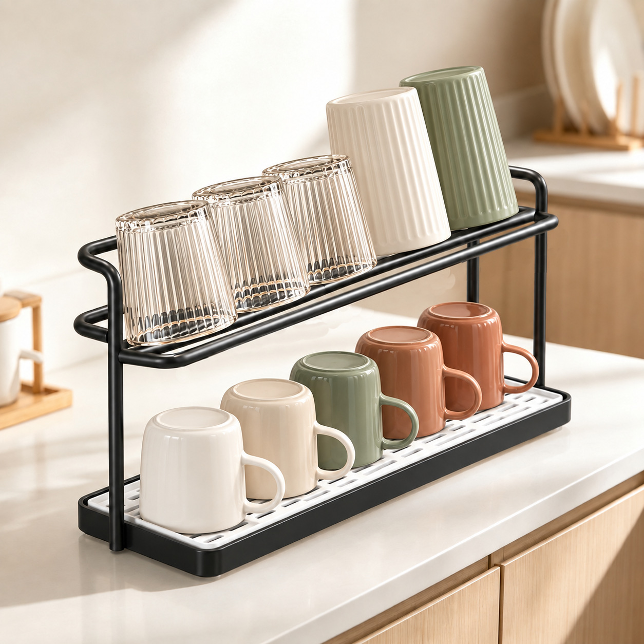 Metal Cup Holder Double-Layer Draining Tray Rack Kitchen Dining Table Countertop Cup Tea Cup Coffee Cup Storage Rack