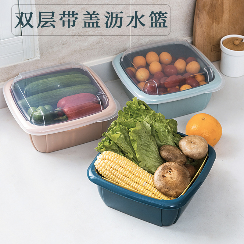 Refrigerator Double-layer Draining Basket Kitchen Large-size Washing Vegetable Basket Fruit Plate with Lid Dust-proof Fresh-keeping Plastic Storage Basket Refrigerator Double-layer Draining Basket Kitchen Large-size Washing Vegetable Basket Fruit Plate with Lid Dust-proof Fresh-keeping Plastic Storage Basket