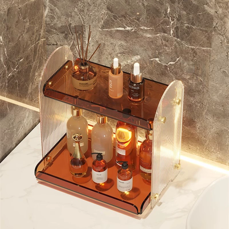 Desktop Multi-Layer Acrylic Cosmetic Organizer (Yayli) — Amber, 2-Tier Vanity Storage