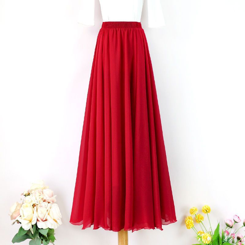 度雪纺大摆半身裙夏高腰红色新疆舞蹈群垂坠字沙滩裙仙女裙字