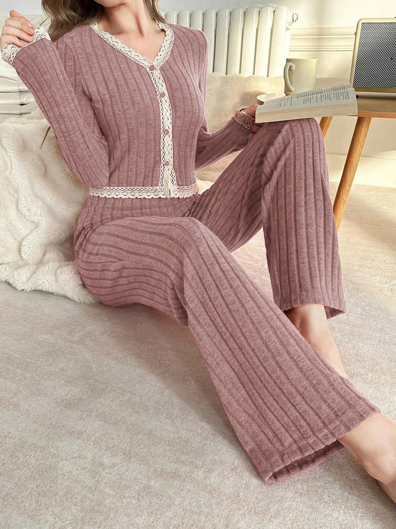 Women's Cropped Pajamas - Lace Trim Top & Pants Set, Stylish Home Wear_voghion.com