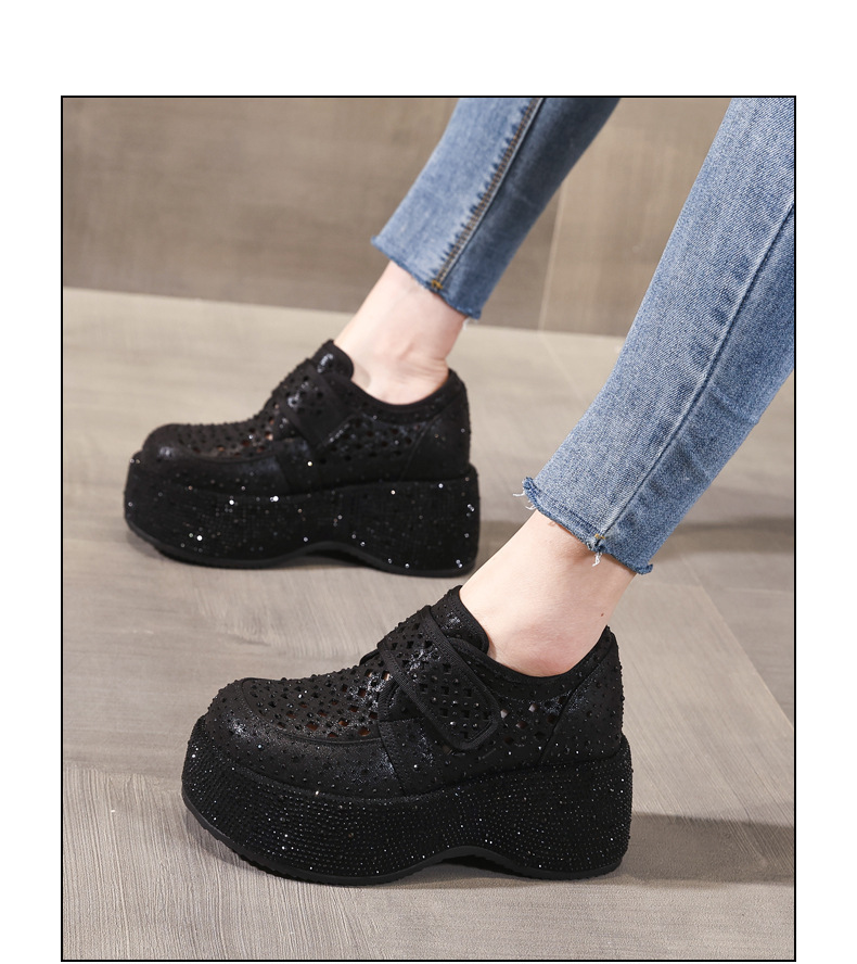 Giày sneaker nữ đế dày tăng chiều cao, phối đá rhinestone, quai magic stick, mùa hè 2026 — màu đen, bạc chi tiết 15