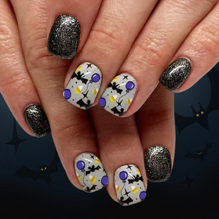 Short Shiny Square Nails 2025 New Halloween Manicure Dark Bat Balloon Black Glitter Wearable Nails 24 Pieces
