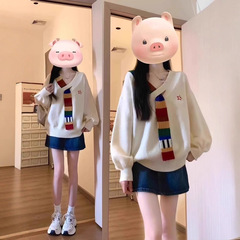 美式复古彩虹毛织拼接v领针织衫外套秋宽松学院风感女毛衣冬