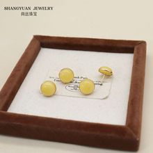 S925银镶天然蜜蜡圆形复古简约女式耳钉耳饰