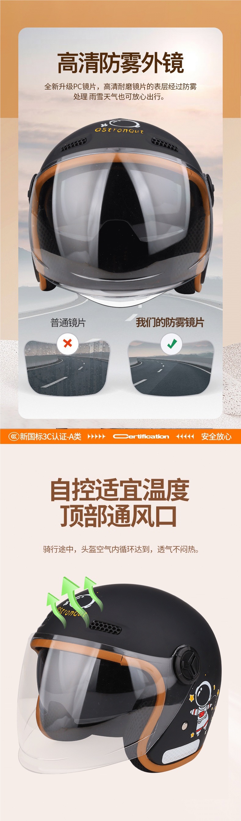 Summer 3C National Certified Helmet Men's Battery Train Women's Couple Half Helmet Sun Protection Breathable Double Mirror Safety Helmet