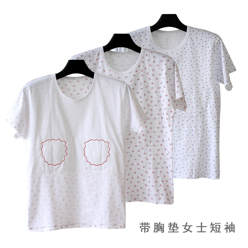 Pure Cotton Printed Short-Sleeved T-Shirt for Middle-Aged and Elderly Women, Half-Sleeved Vest for the Elderly, Pure Cotton Grandma T-Shirt with Chest Pads
