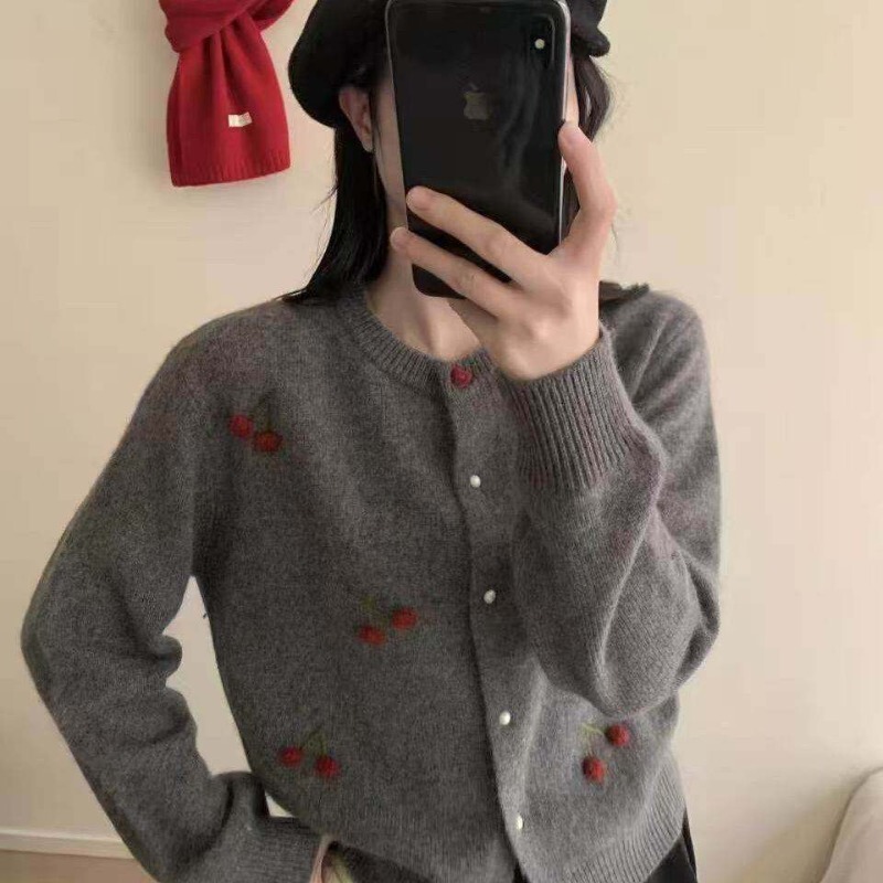 Korean-Style Sweet Cherry Embroidered Knitted Cardigan for Women, New Autumn and Winter Design Sweater Jacket, Versatile and Age-Reducing Top Korean-Style Sweet Cherry Embroidered Knitted Cardigan for Women, New Autumn and Winter Design Sweater Jacket, Versatile and Age-Reducing Top