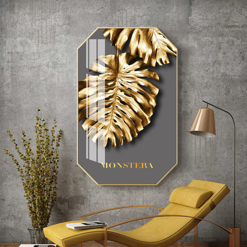 Octagonal decorative painting, modern living room hanging painting, simple dining room, Nordic gold leaf leaf, creative light luxury crystal porcelain mural