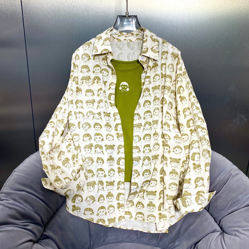 Two-Piece Set of Tencel Cotton Printed Cartoon Character Long-Sleeved Shirt with Contrasting Color High-Elastic Ribbed Vest. True Two-Piece Set