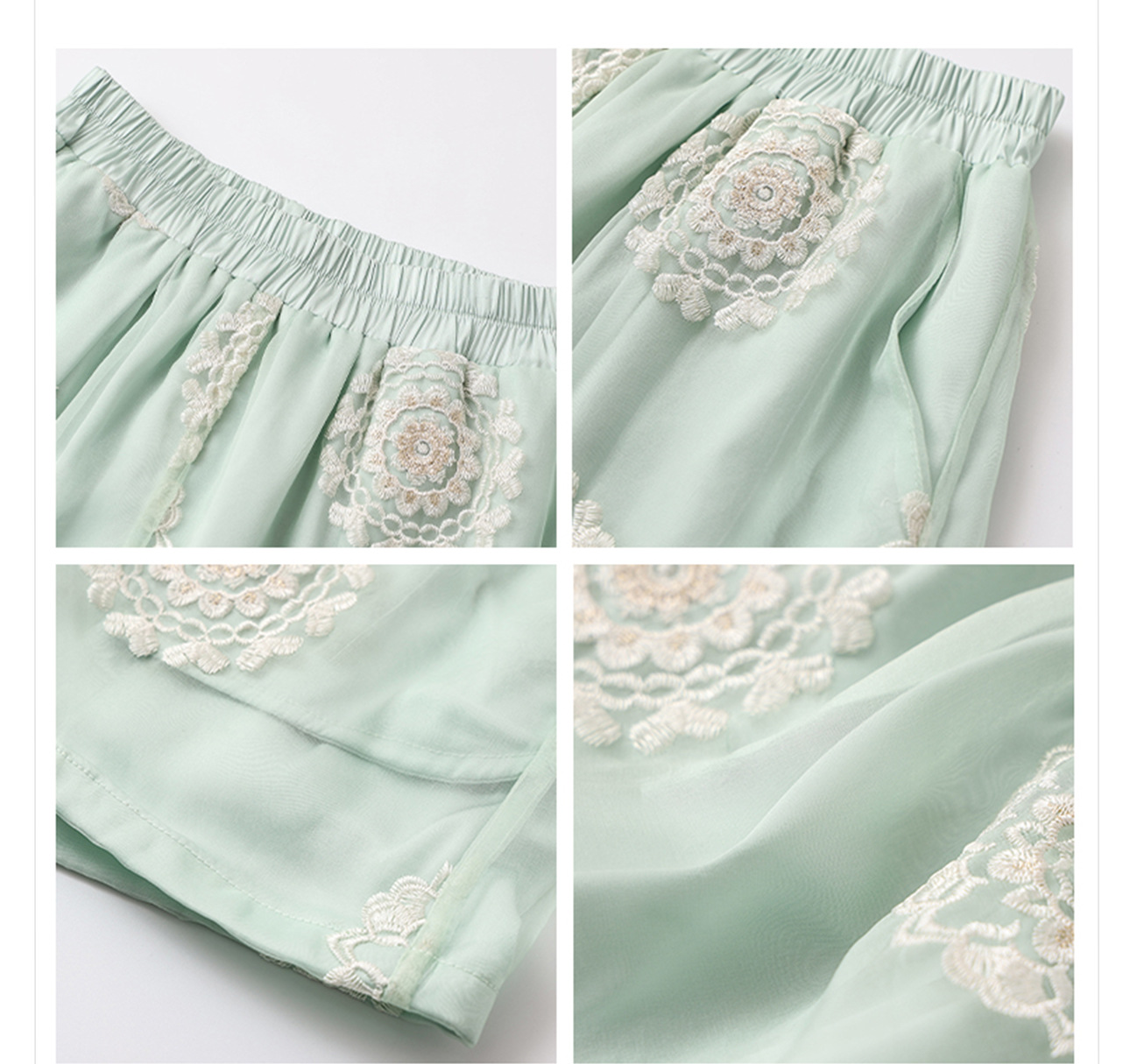 Bộ ba món áo khoác, áo vest và quần short lụa thêu sequin cao cấp kiểu Trung Quốc mới N3042 — Quần short xanh lục nhạt, Áo khoác xanh lục nhạt, Gi lê xanh lục nhạt chi tiết 37