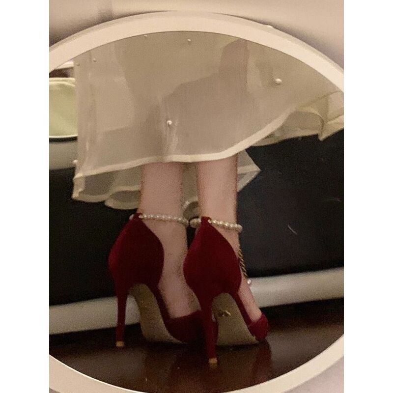 Red Suede Pearl High Heels Women's Adult Ceremony Stiletto Heel Side Empty Single-layer Shoes Xiuhe Wedding Dress Two-wear Wedding Shoes High-value