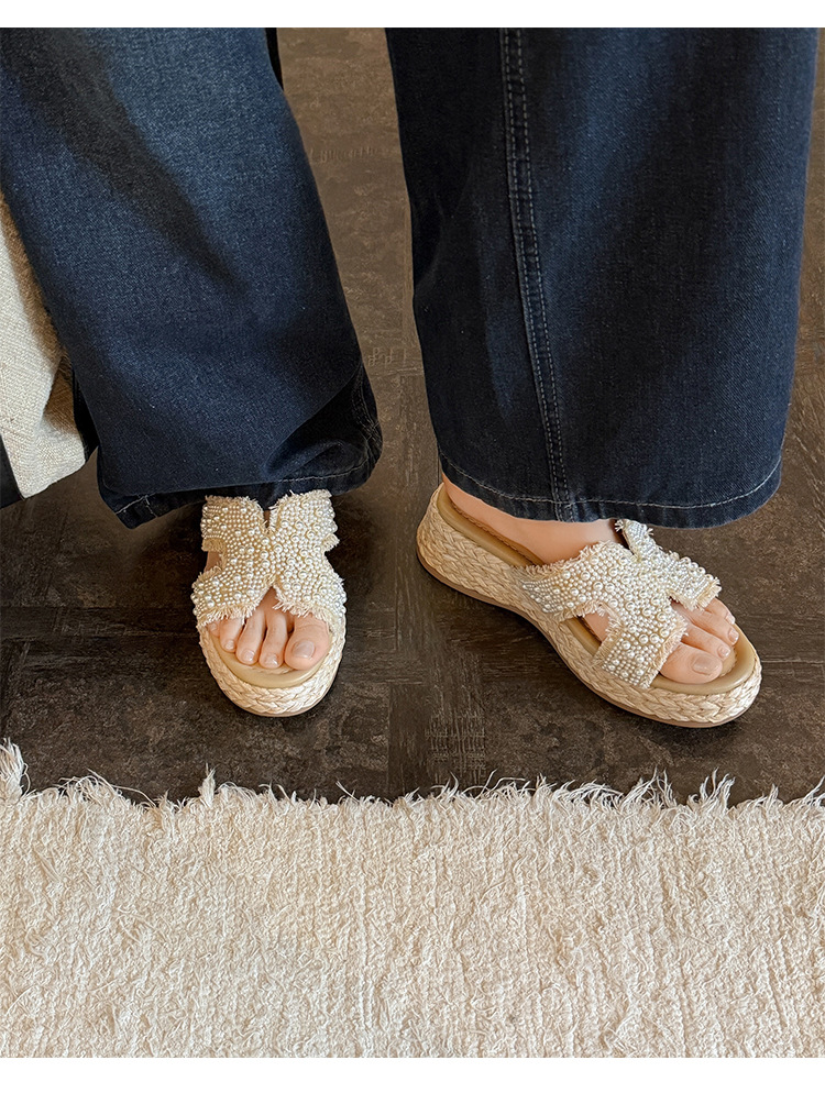 Dép sandal xỏ ngón nữ đế bệt cao 5 cm phong cách Pháp đính ngọc trai và đá — màu trắng ngà, màu mơ chi tiết 14
