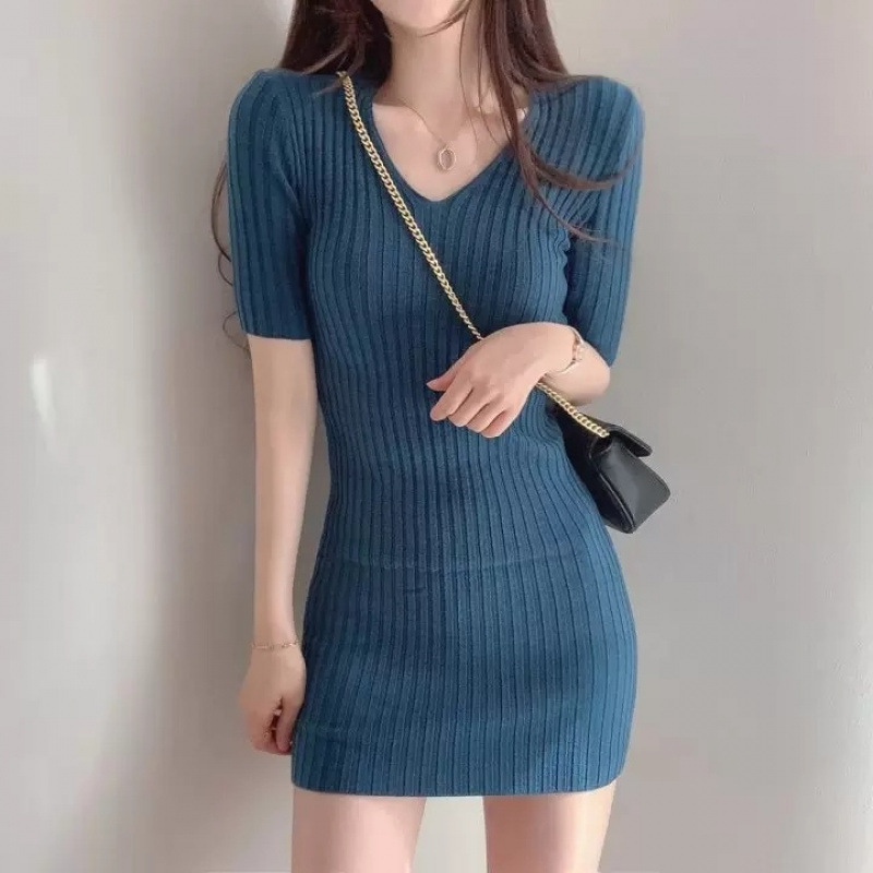 韓国のシックな気質痩身 V ネックスリム夏ヒップカバー小柄な糸秋冬シルクニットドレス女性のための|undefined